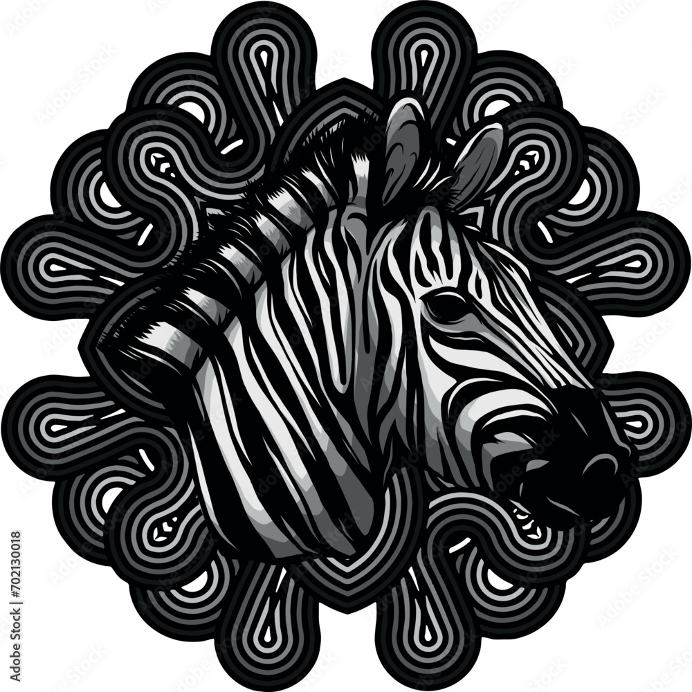 monochromatic illustration of Zebra head with decoration