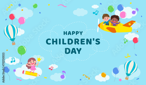 Happy Children's Day greeting card vector illustration. Child ride plane in the sky background