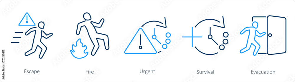 A set of 5 Emergency icons as escape, fire, urgent A set of 5 Emergency icons as escape, fire, urgent