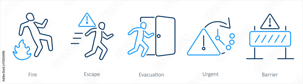 A set of 5 Emergency icons as fire, escape, evacuation A set of 5 Emergency icons as fire, escape, evacuation