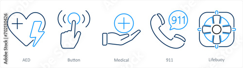 A set of 5 Emergency icons as aed, button, medical