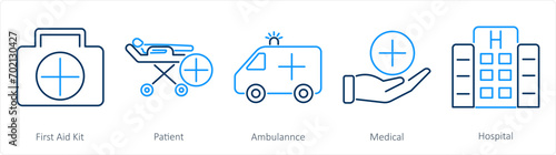 A set of 5 Emergency icons as first aid kit, patient, ambulance