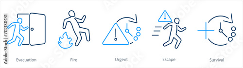 A set of 5 Emergency icons as evacuation, fire, urgent