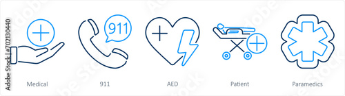 A set of 5 Emergency icons as medical, 911, aed