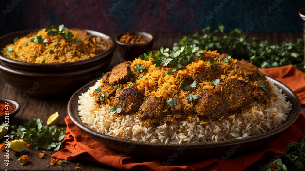 Showcase the vibrant and aromatic layers of Hyderabadi Biryani, highlighting the succulent pieces of meat, fragrant basmati rice Showcase the vibrant and aromatic layers of Hyderabadi Biryani, highlighting the succulent pieces of meat, fragrant basmati rice