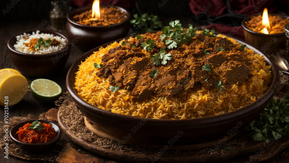 Showcase the vibrant and aromatic layers of Hyderabadi Biryani, highlighting the succulent pieces of meat, fragrant basmati rice