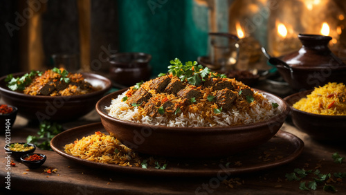 Showcase the vibrant and aromatic layers of Hyderabadi Biryani, highlighting the succulent pieces of meat, fragrant basmati rice