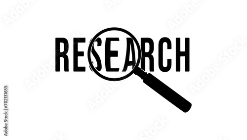 magnifying glass with word research, black isolated silhouette