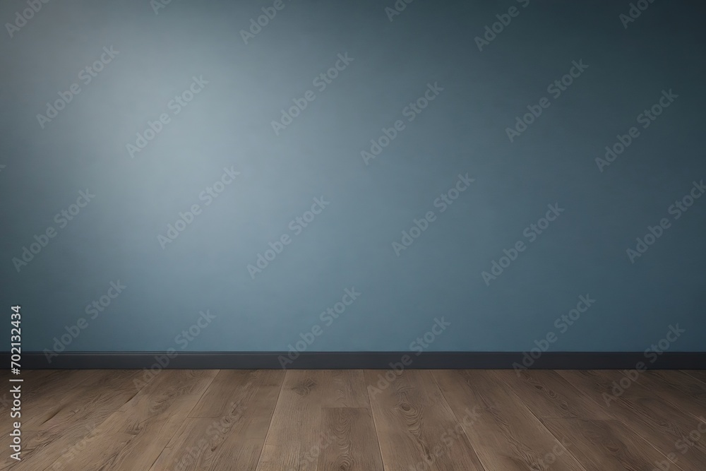 Empty room with dark blue wall and natural light. Abstract minimalist background with copy space for product presentation.