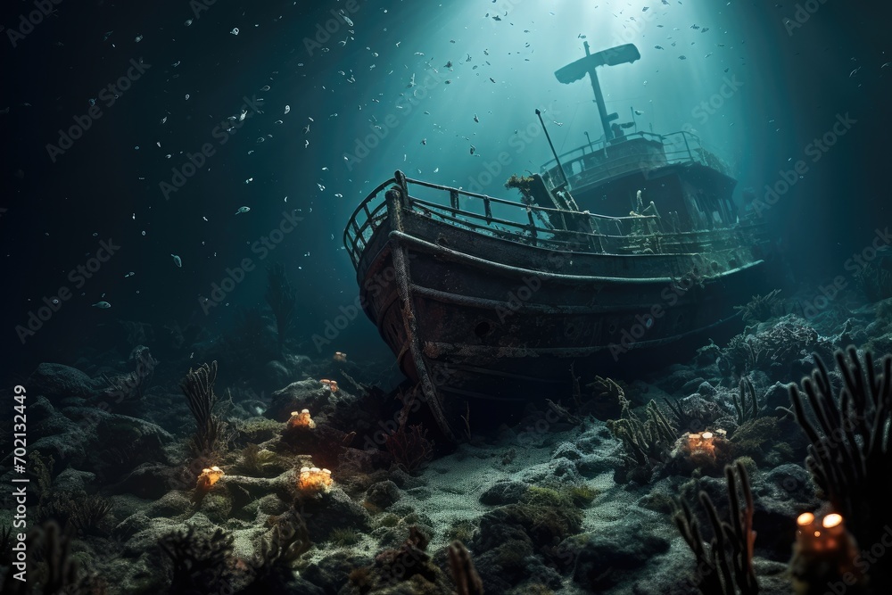 Sunken Shipwreck: Close-up of marine life thriving on a sunken shipwreck. - obrazy, fototapety, plakaty 