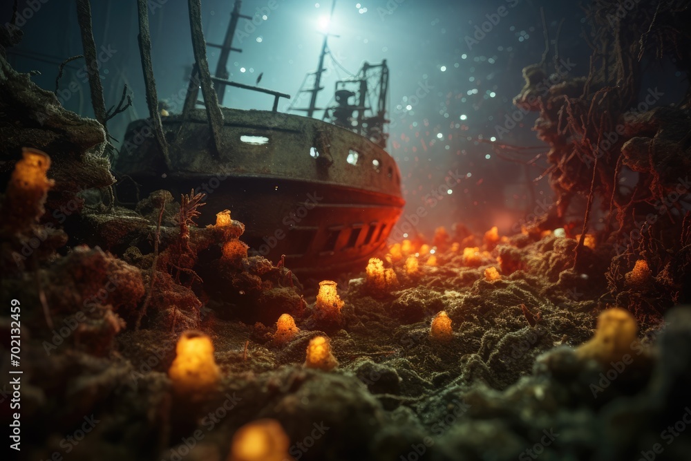 Sunken Shipwreck: Close-up of marine life thriving on a sunken shipwreck. - obrazy, fototapety, plakaty 