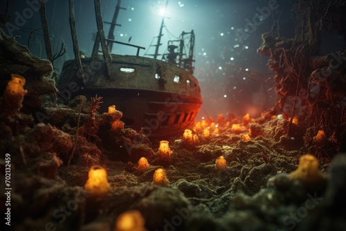 Sunken Shipwreck: Close-up of marine life thriving on a sunken shipwreck.