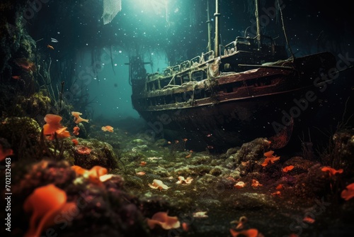 Sunken Shipwreck: Close-up of marine life thriving on a sunken shipwreck. photo