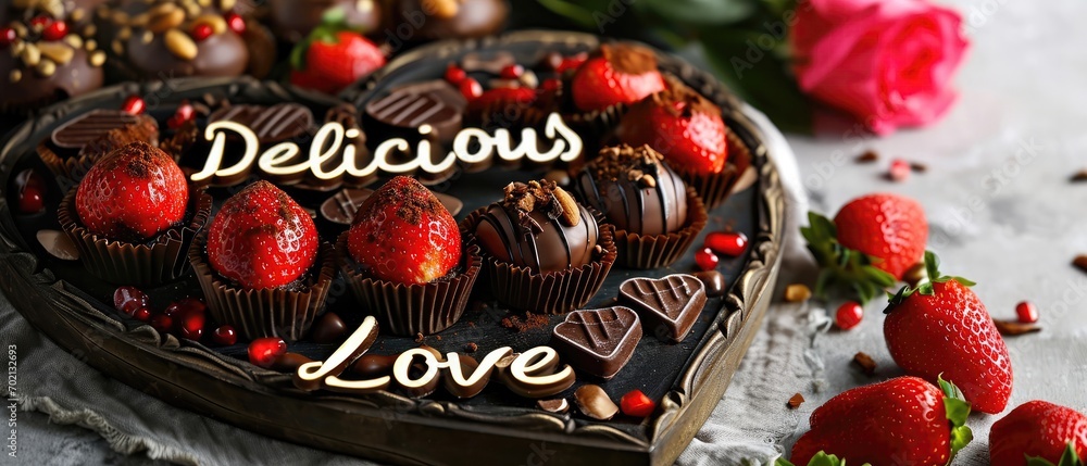 A Delectable Love-Themed Dessert Platter With Chocolates And Strawberries