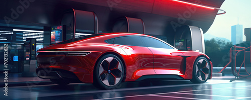 A Futuristic Red Sports Car Speeds By, Showcasing A Concept Ev Electric Car With Low Battery Charge At A Charging Station © Ян Заболотний