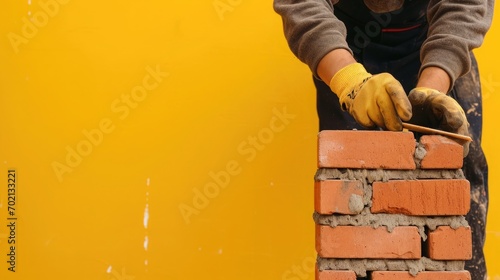 Bricklayer's hands in yellow gloves in the process of bricklaying against a vibrant yellow background photo
