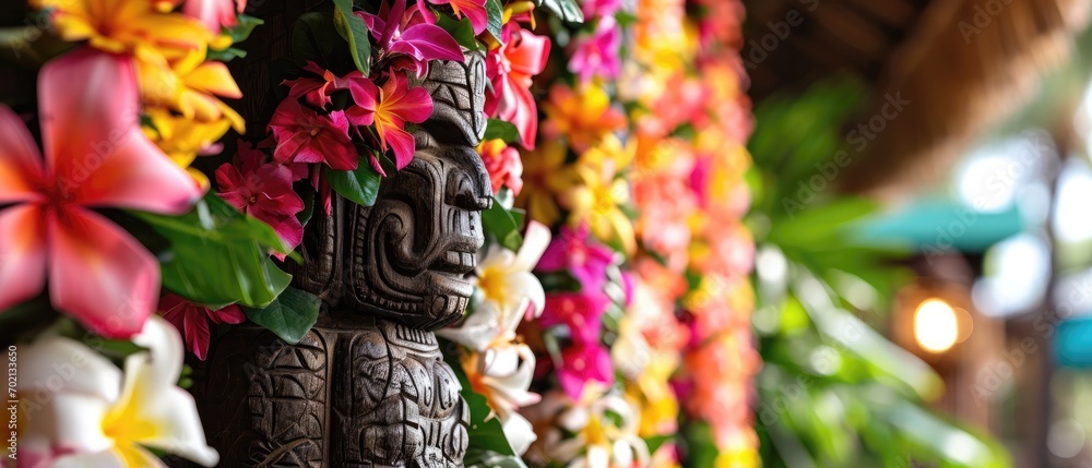Tropical Lei Colorful Flower Garlands Draped On A Tiki Statue - obrazy, fototapety, plakaty 