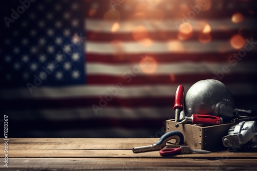 tools on a wooden table against the background of the American flag photo