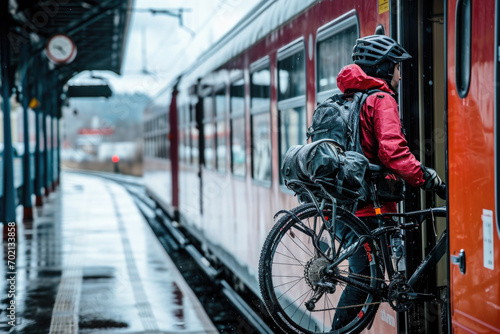 A cyclist carrying a backpack, lifting his bicycle onto a train on a rainy day at the station