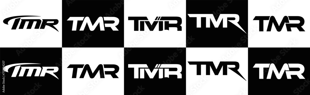 Obraz premium TMR logo. T M R design. White TMR letter. TMR, T M R letter logo design. T M R letter logo design in FIVE, FOUR, THREE, style. letter logo set in one artboard. T M R letter logo vector design. 