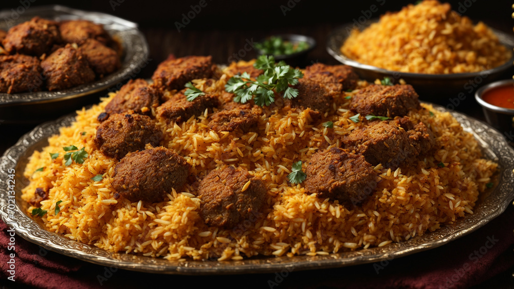 A visually stunning close up shot of a Hyderabadi Biryani platter, focusing on the intricate details of the dish A visually stunning close up shot of a Hyderabadi Biryani platter, focusing on the intricate details of the dish
