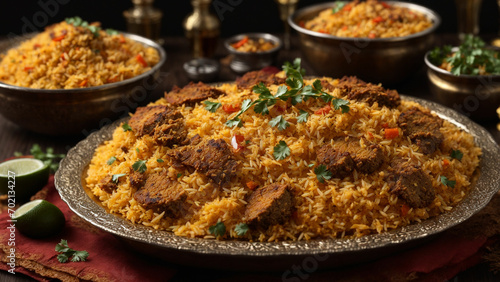 A visually stunning close up shot of a Hyderabadi Biryani platter, focusing on the intricate details of the dish