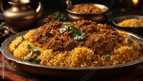 A visually stunning close up shot of a Hyderabadi Biryani platter, focusing on the intricate details of the dish