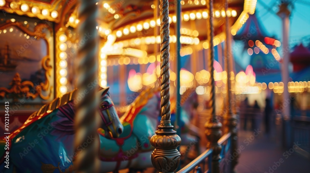 A carousel horse with warm glowing lights in an amusement park