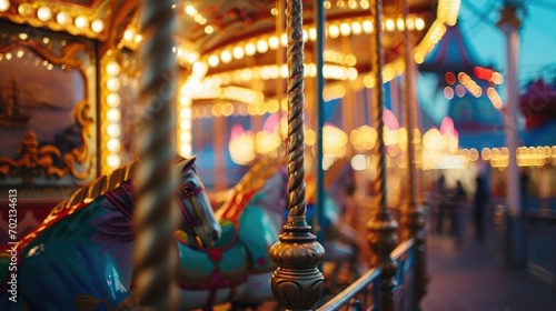 A carousel horse with warm glowing lights in an amusement park