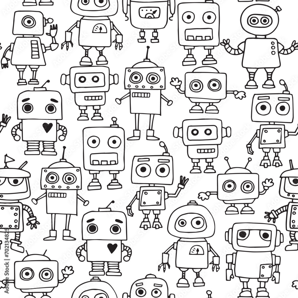 vector seamless pattern. drawings in doodle style. cute robots, simple illustration for kids. black and white robots, technology of the future
vector seamless pattern. drawings in doodle style. cute robots, simple illustration for kids. black and white robots, technology of the future