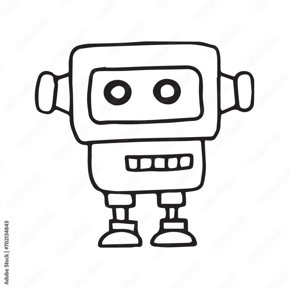 vector drawing in doodle style, cute robot. funny character for children, black and white line drawing. vector drawing in doodle style, cute robot. funny character for children, black and white line drawing.