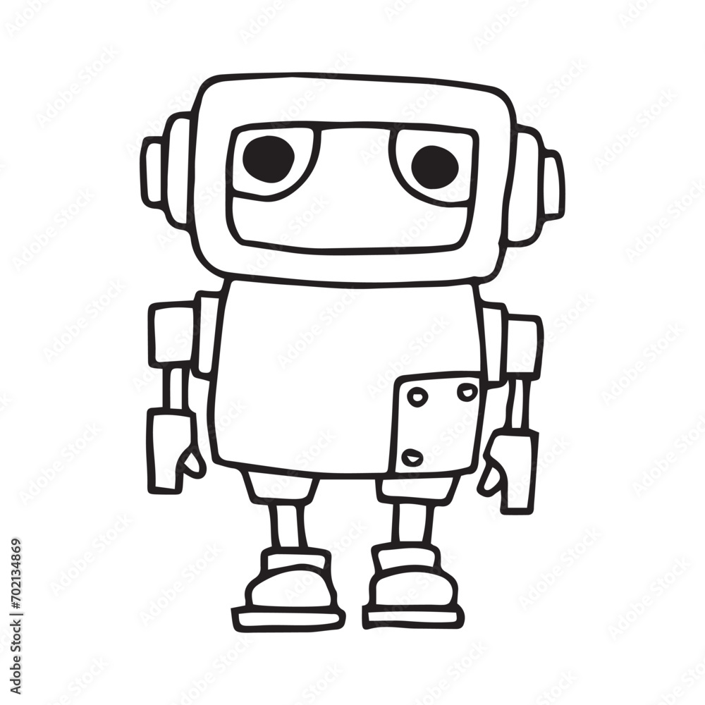 vector drawing in doodle style, cute robot. funny character for children, black and white line drawing. vector drawing in doodle style, cute robot. funny character for children, black and white line drawing.