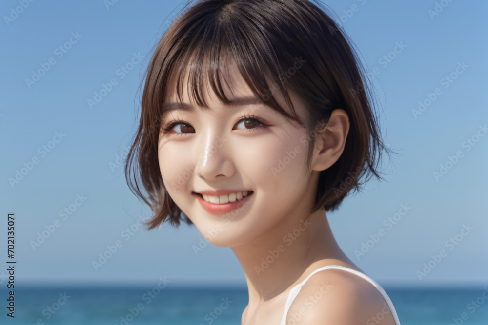 青空をバックに健康的に微笑む白いビキニ姿の若い日本人女性