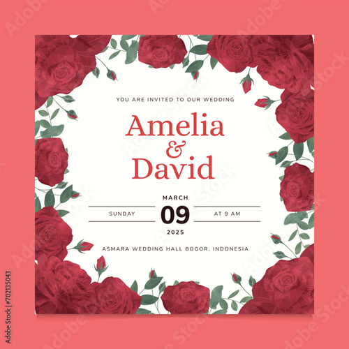 Red Rose Flower Wedding Invitation Template
