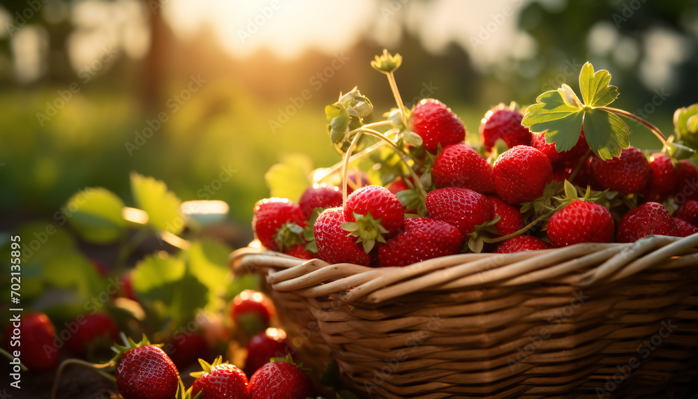 Recreation of fresh red strawberries in a wicker basket Recreation of fresh red strawberries in a wicker basket