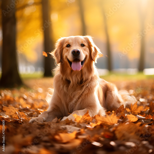 Happy Golden Retriever lying in colorful fall leaves 