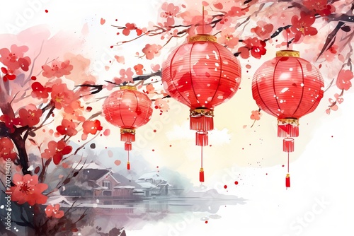 very beautiful red light Chinese New Year Watercolor style illustration artwork background