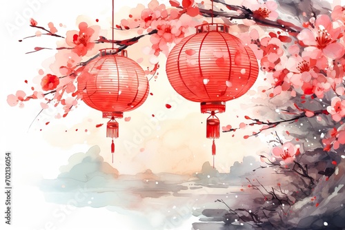 very beautiful red light Chinese New Year Watercolor style illustration artwork background