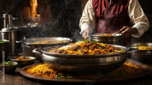 Capture the essence of the cooking process of Hyderabadi Biryani showcase the skilled hands of a chef layering the biryani, with spices in the foreground