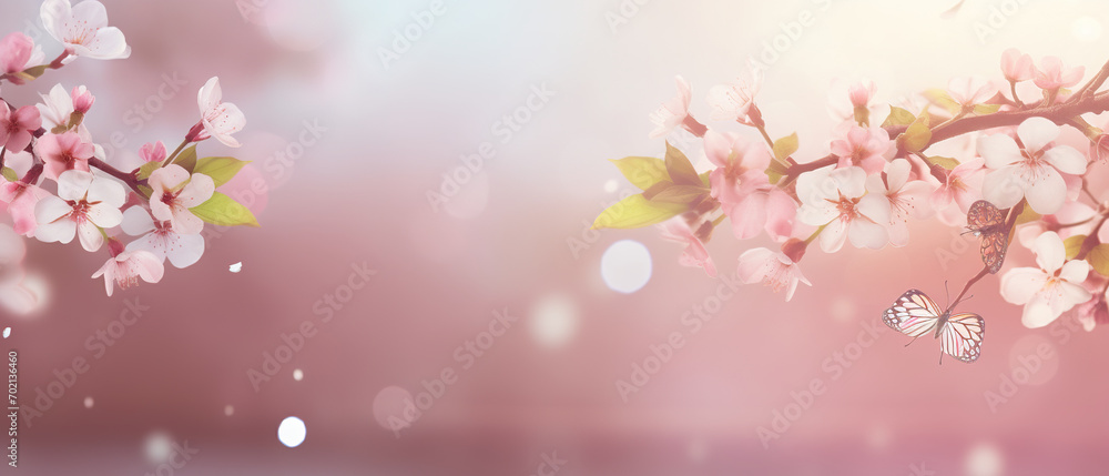 Spring themed background, cherry tree branches, bokeh, empty space, soft and vibrant colors