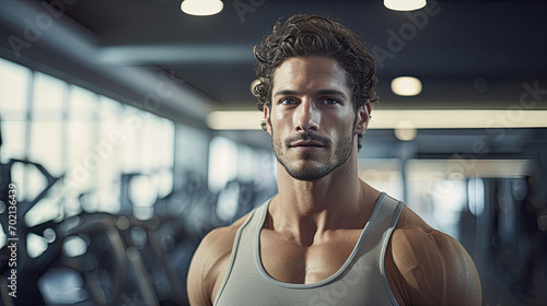 Portrait of a muscular man on a blurred treadmills background. Advertising banner layout for a fitness trainer or gym. photo