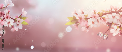 Spring themed background, cherry tree branches, bokeh, empty space, soft and vibrant colors