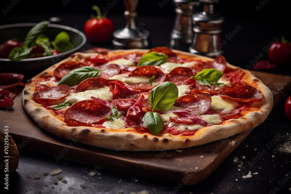 Pizza with salami, mozzarella and basil Pizza with salami, mozzarella and basil