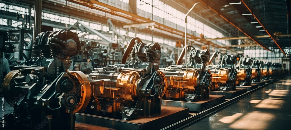 Car engine production at factory. Generative AI technology.	
