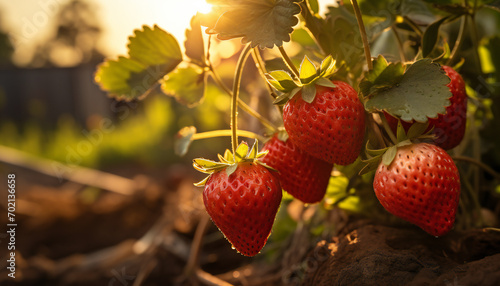 Recreation of strawberries hanging in a plant at sunset