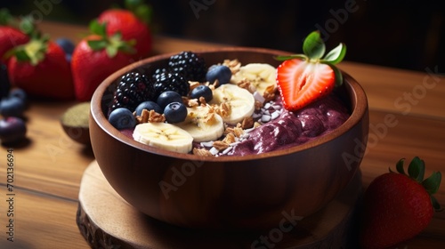 Tasty acaibowl with banana, blueberries and granola. Healthy raw diet. Fruit breakfast gluten dairy free. Woman eating fresh food. Superfood concept. Natural Acai bowl with sweet berry, strawberry oat photo