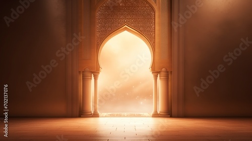 Mosque door with bright light background. copyspace - generative ai