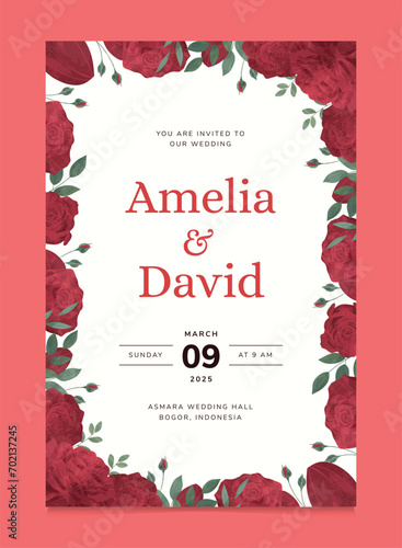 Red Rose Flower Wedding Invitation Template