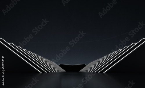 Abstract futuristic triangle with glowing neon light and grid line Elegant reflection background.  3D rendering.