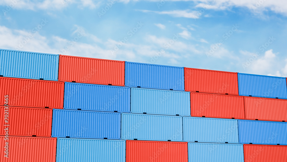 Fototapeta premium Stack of Cargo shipping in container terminal yard, global logistic freight supply chain network distribution, export and import business commercial technology concept 3d rendering